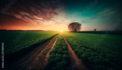 Sunset at cultivated land in the countryside field on a summer evening with cloudy sky background , generative ai