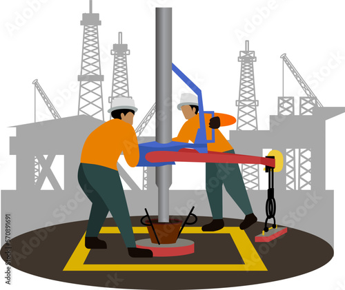 Two roughnecks breaking a connection with help from tongs. oil rig worker, offshore oil rig worker, oil and gas industry concept, roughneck