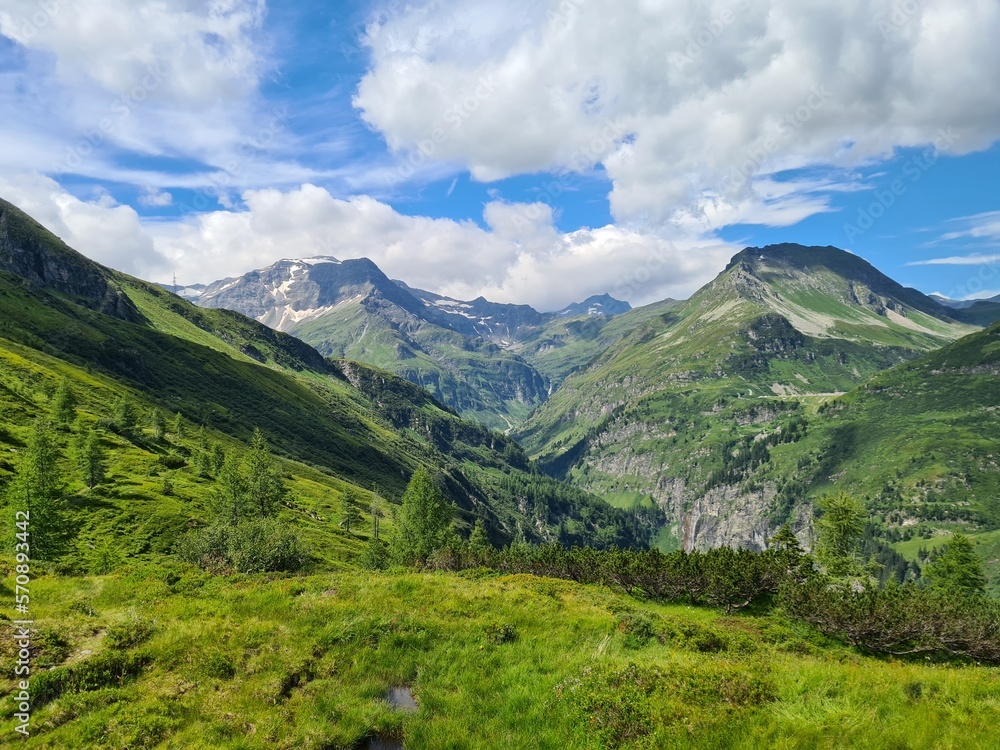 Obraz premium Beautiful view in the Alps Hohe Tauern, Bad Gastein, Austria, Europe. Green mountains, glaciers