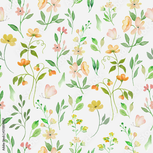 Watercolor floral seamless pattern with painted abstract meadow yellow flowers. Hand drawn spring illustration. Vector EPS.