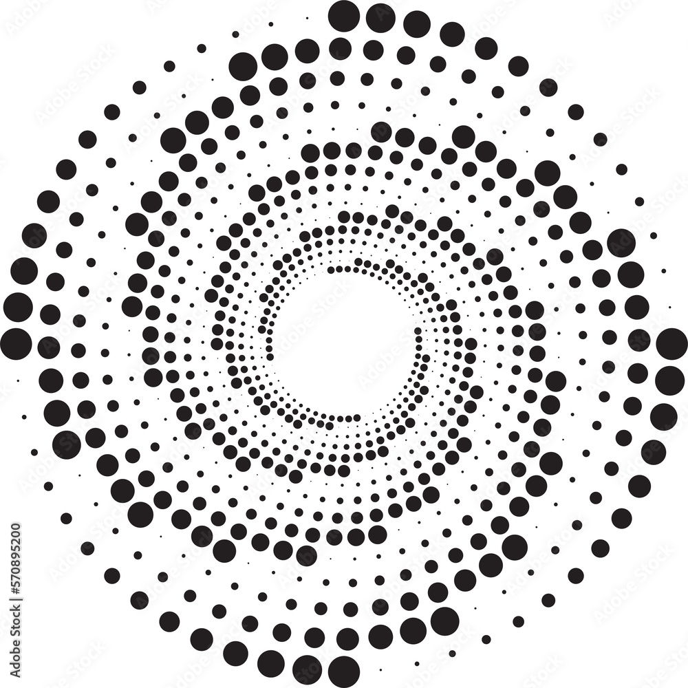 Dotted circles pattern. Abstract half tone graphic. Circular textured round spiral frame. Swirl geometric rings with gradation. Dotted circles pattern. Abstract half tone graphic. Circular textured round spiral frame. Swirl geometric rings with gradation.