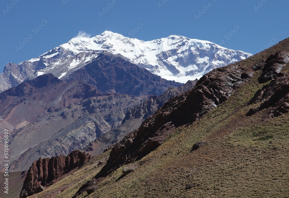 Mount Aconcagua mountains slopes blue sky. Parque provincial Aconcagua, Mendoza Argentina