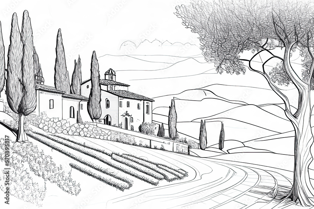 Italy. Toscana landscape - sketch illustration for coloring book.