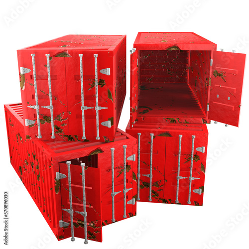 3D design of cargo containers for storage transportation illustration. 3D design of four red colored scratched cargo with open and closed doors