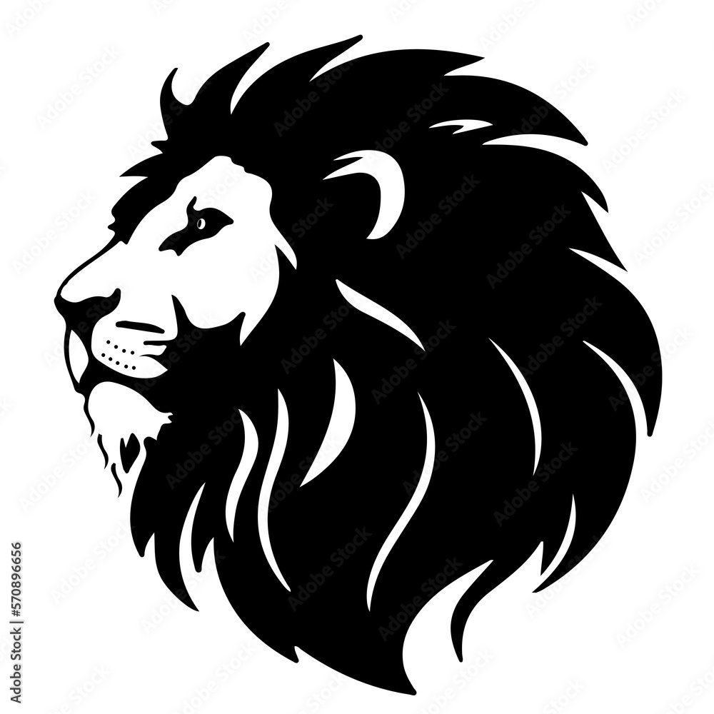 Lion's head for printing or tattooing. Black and white monochrome silhouette