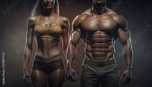 Fit and muscular man and woman next to each other on dark background, motivational concept. generative AI