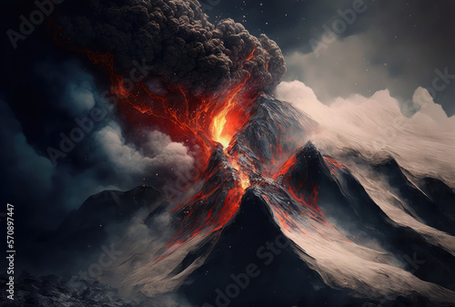 Volcanic eruption, lava explosion, smoke and ash. Generative AI