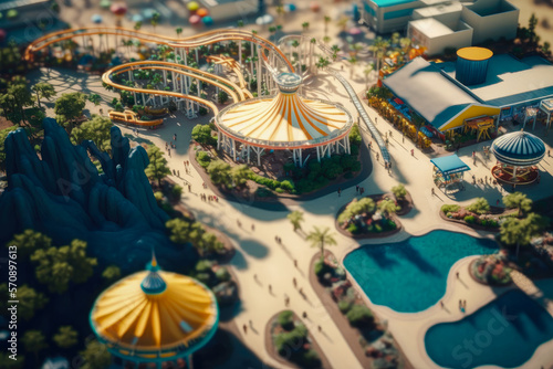 An aerial view of an amusement park with roller coasters and rides - Generative AI