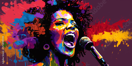 Colorful African American woman singing, Jazz music Banner Illustration, Fictional Character, Generative AI photo