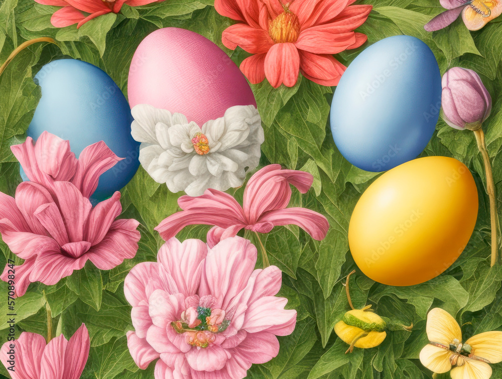 Pastel colored Easter eggs hidden in a flowerbed in the spring
