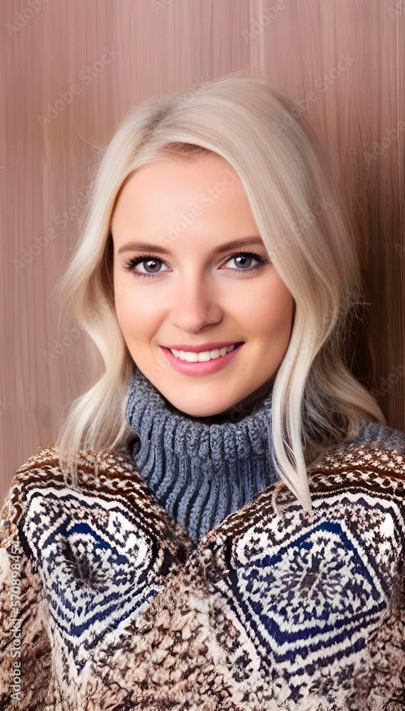 Knitted icelandic sweater on a beautiful blonde girl stading up agains a wooden wall Knitted icelandic sweater on a beautiful blonde girl stading up agains a wooden wall