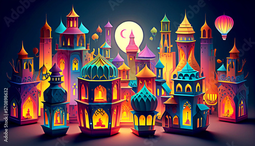 A Majestic Illustration of Ramadan Lanterns and Mosques. Generative AI