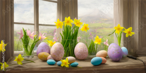 Pastel colored easter eggs in a window sill with easter eggs painted with patterns
