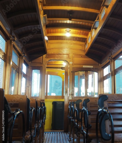 Seating in the interior of an old passenger train 