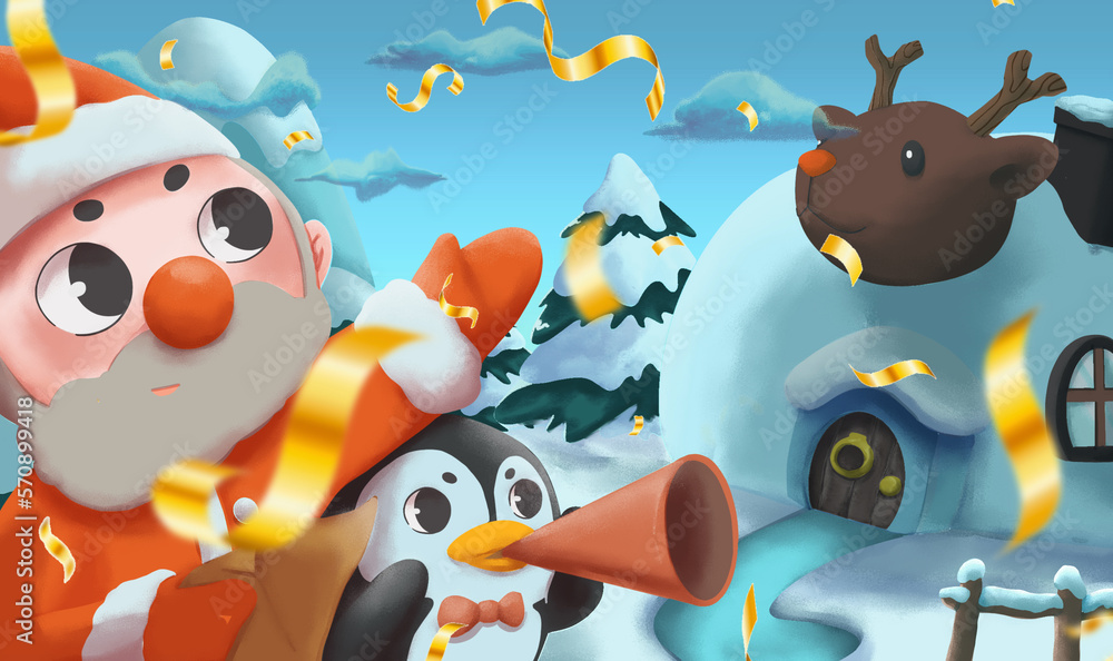 Fototapeta premium Digital Painting of Christmas Santa and Penguin in Snow