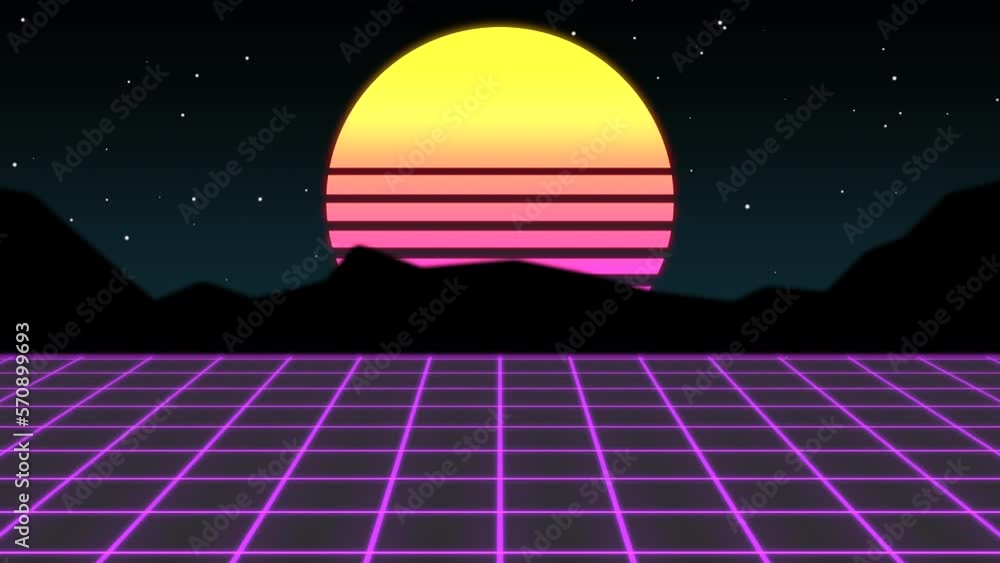 Big sun and mountain with purple grid in night time, abstract futuristic, cyber and music style background Big sun and mountain with purple grid in night time, abstract futuristic, cyber and music style background