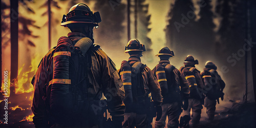 Fotobehang Squad of Volunteer Firefighters with Safety Equipment and Uniform Encircle a Raging Forest Fire
