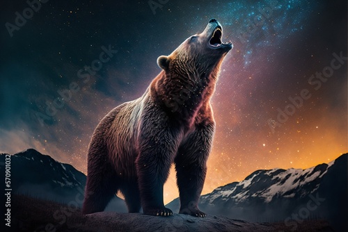 Brown bear in the night, Beautiful sky, Generative AI