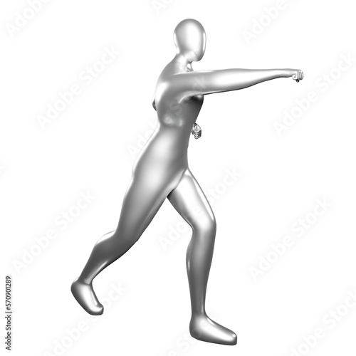 3d Render Silver Stickman - Karate Punching Pose Doing a Straight Forward Punch