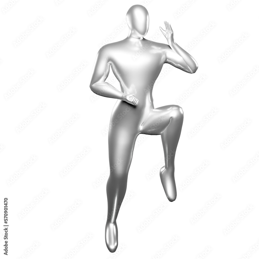 3d Render Silver Stickman - Karate Pose, doing a Standing Position with One Leg Raised 3d Render Silver Stickman - Karate Pose, doing a Standing Position with One Leg Raised