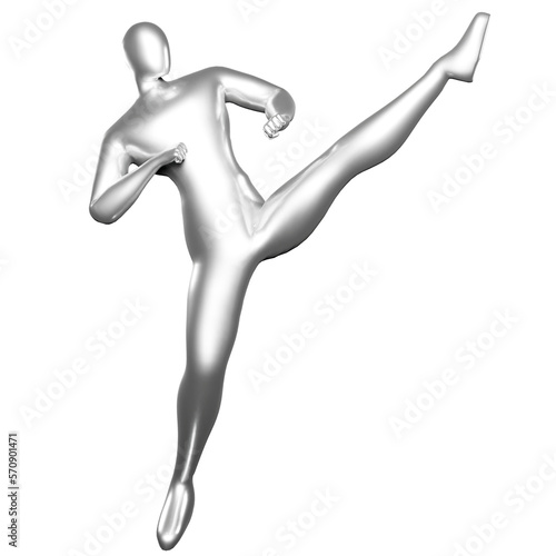 3d Render Silver Stickman - Karate Kicking Pose with Legs at Head Height