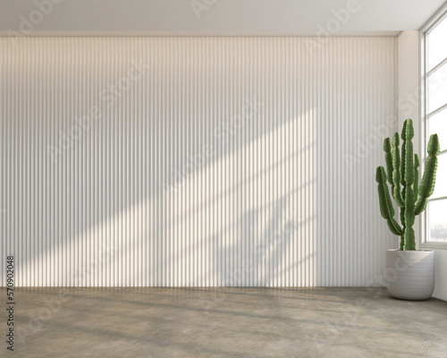 Fototapeta Naklejka Na Ścianę i Meble -  Loft style empty room with minimalist white slat wall. 3d rendering