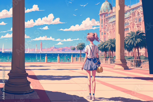 Ciudad al lado de la playa estilo anime, concept art, creado con IA generativa photo