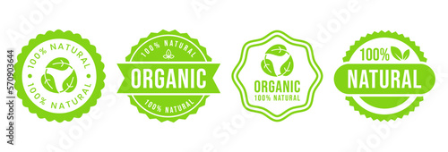 Set 100% Natural and organic Product Vector Icon Circle Sign. Healthy Food Emblem. Organic food Badge. photo