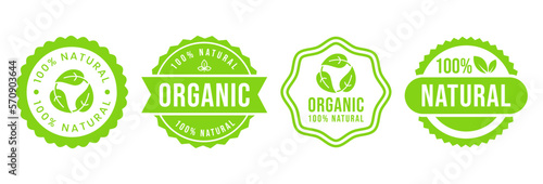 Set 100% Natural and organic Product Vector Icon Circle Sign. Healthy Food Emblem. Organic food Badge.