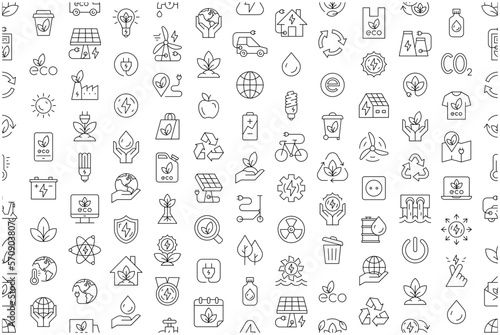 Seamless pattern with Ecology icons. Nature icon. Eco green icons. Thin line icon set