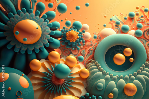 Fondo 3d abstracto con flores, efecto liquido, colores pastel, estilo 60s, creado con IA generativa