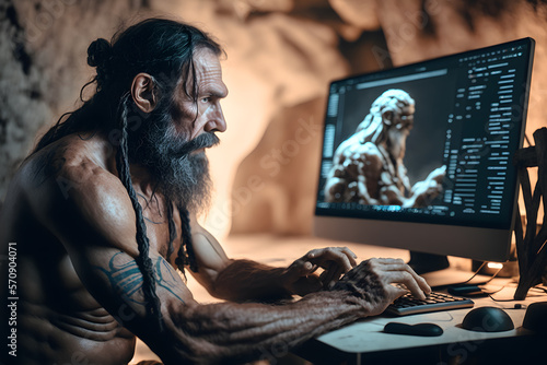 Neanderthal man or homo sapiens use computer laptop browsing internet. Generation AI