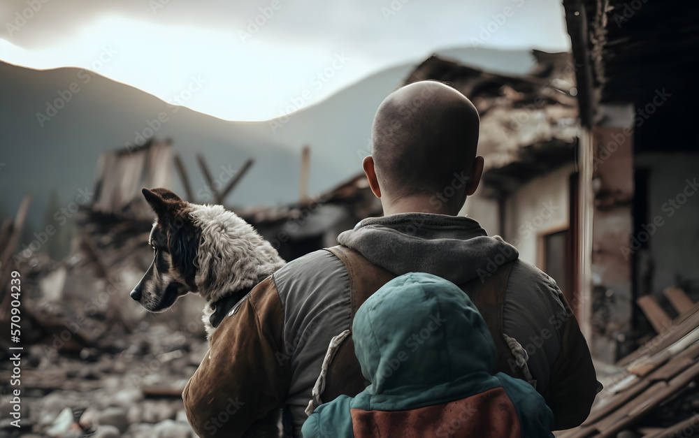 Consequences of nature disaster earthquakes in city and destruction of houses from air strikes of bombs. Lonely orphan child stands with pet dog background rubble home. Generation AI