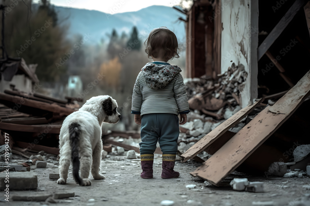 Consequences of earthquakes in city and destruction of houses from air