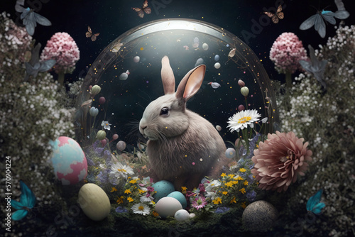 easter bunny in a bubble and floral environment