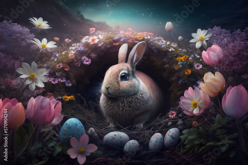 easter bunny in front of a floral cave