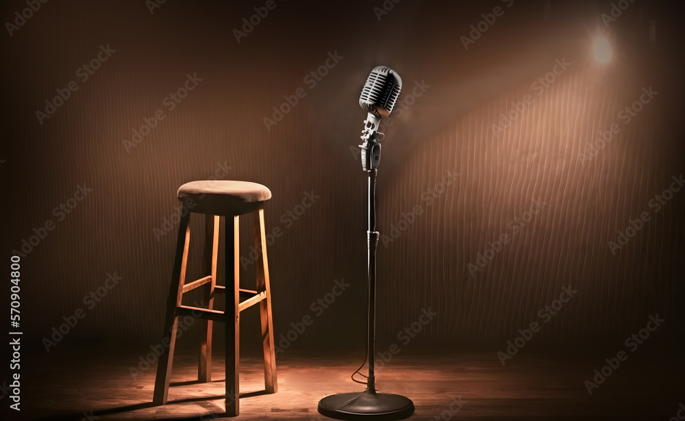 Poster background for stand up comedy stage microphone with reflectors ray.  Concept open mic for monologue. Generation AI Stock Illustration | Adobe  Stock