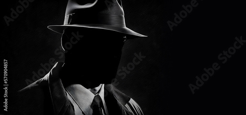 Old fashioned detective or mafia in hat on dark background, black and white color. Generation AI