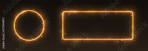 Golden neon frames with smoke and sparkles, fire borders concept Fototapet