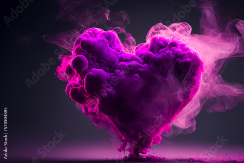 Magenta smoke in the shape of a heart on a black background. Generative AI 