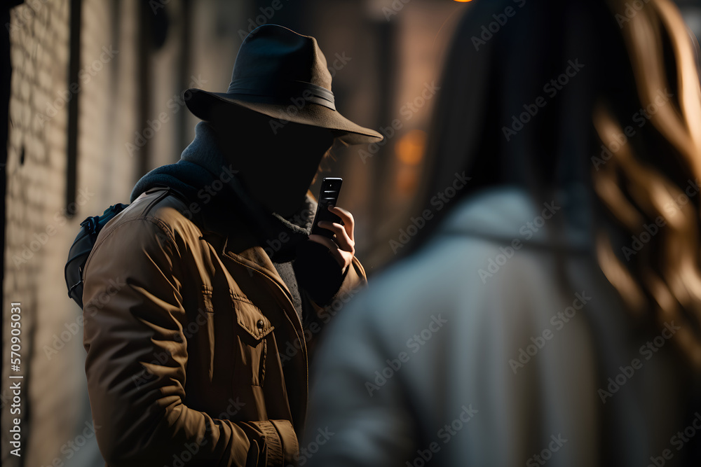 Fototapeta premium Criminal haunts woman, mafia bandit committing crime in dark street. Girl afraid of male stranger person in background. Generation AI