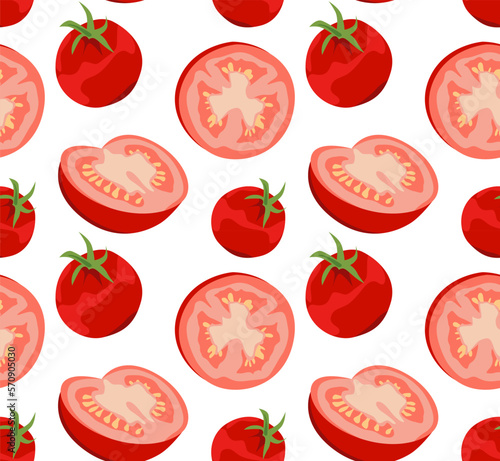 Whole and sliced red tomatoes. Seamless pattern in vector. Suitable for print, social networks and websites. Vegan food.