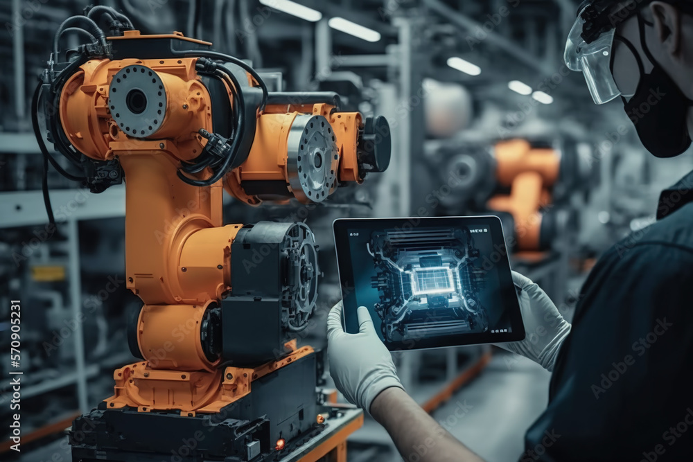 Fototapeta premium Operator driving a machine, in a factory, with a tablet. ia generate