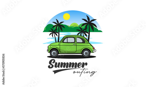 Summer outing - Retro car with trees, sea, and nature on the background, Summer t-shirt design, Custom vector illustration for posters