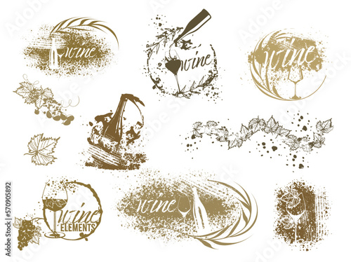Wine Designs - Collection of wine glasses and bottles. Sketch vector illustration. Hand drawn elements for invitation cards, advertising banner and menu cards. Wine glasses with splashing wine.
