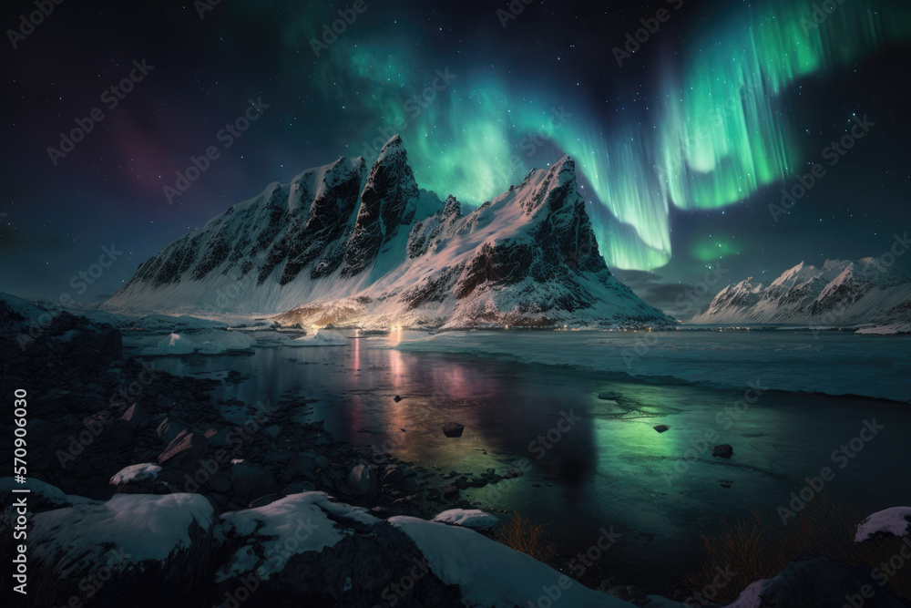 Naklejka premium Aurora borealis northern landscape. Generative AI
