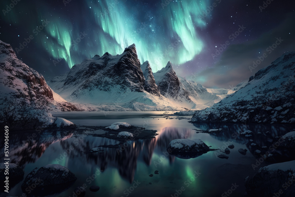 Obraz premium Aurora borealis northern landscape. Generative AI