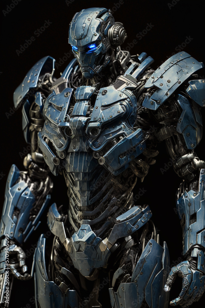 Blue humanoid robot advanced soldier concept. Generative AI illustration