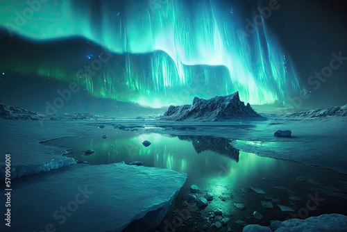 Aurora borealis northern landscape. Generative AI © Farnaces