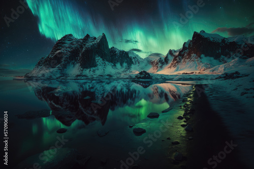 Aurora borealis northern landscape. Generative AI